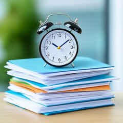 An alarm clock placed on a stack of colorful files signifies the importance of time management.