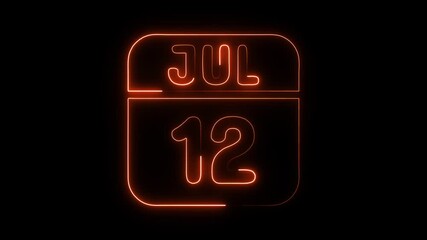 Glowing neon 12 july icon isolated on black background.a neon sign with a calendar that says "12 DAYS". HD Video motion graphic animation