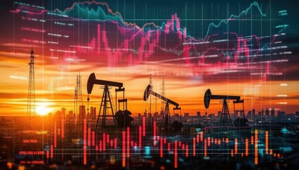 Oil rigs silhouette at sunset, overlaid with financial charts