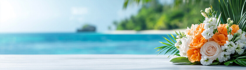 Beautiful floral arrangement set against a tranquil ocean backdrop.