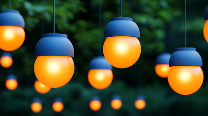 Beautiful hanging lanterns illuminate a tranquil outdoor space at twilight.