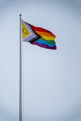 Pride Flag Displayed Proudly Against Pale Sky on Bright Day