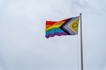 Pride Flag Displayed Proudly Against Pale Sky on Bright Day