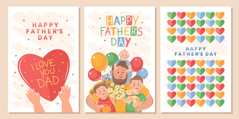 Happy Fathers Day card set. Vector cute illustration of dad with children. Drawings Father's Day with holiday wishes for postcards, posters,  banner.