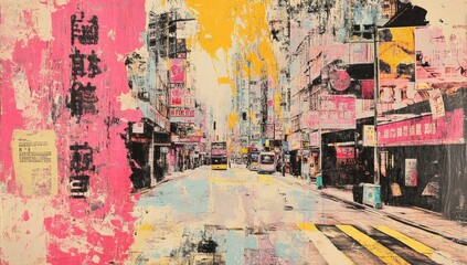 Fototapeta premium Urban street scene, vibrant colors, mixed media