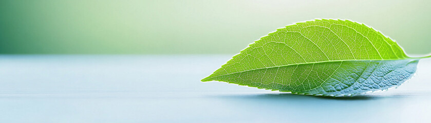 Fototapeta premium Close-up of a fresh green leaf resting on a smooth surface, symbolizing nature.
