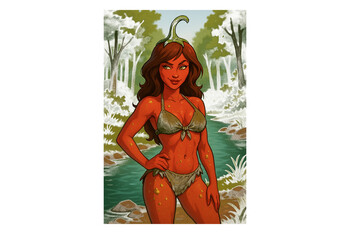 Sexy cartoon chili pepper woman in bikini with flirty attitude and curvy body. Fun and bold anthropomorphic vegetable concept with playful expression, perfect for vegan humor and lifestyle designs.