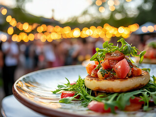 Close-up of a plated gourmet dish at Yes Chef Food Fest. Modern fusion cuisine beautifully presented on artisan ceramic plate. Background blurred with festival crowd and string lights.