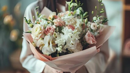 A person holds a stunning bouquet filled with various flowers, showcasing the vibrant colors in a warm indoor atmosphere