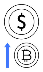 Dollar and Bitcoin symbols inside circles with a blue upward arrow. Ideal for finance, banking, cryptocurrency, investment, growth, blockchain, exchange rate concepts. Minimal flat simple metaphor