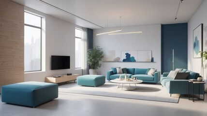 Modern teal living room with city view