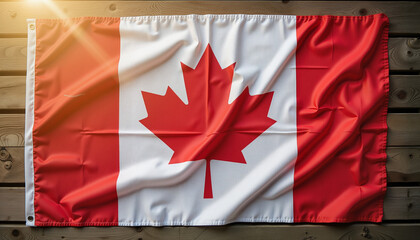 Canadian flag on wooden surface with sunbeam