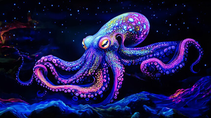 Bioluminescent Octopus Radiating Blue and Purple Hues in Abyssal Ocean Depths


