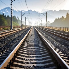 Fototapeta premium Abandoned Railway Path Fading Into Misty Horizon With Mountain Silhouettes