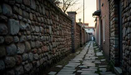 Walking Down Narrow Alleyway with Stone Walls and Paved Path