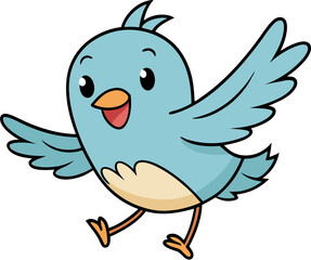 Cute cartoon baby bird character flying with smiling face in a flat vector style for kids illustration design