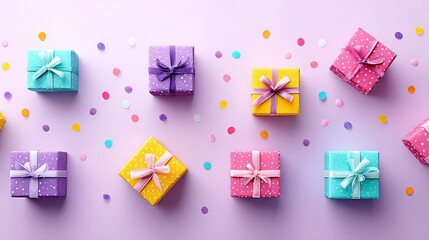 Colorful Gift Boxes and Confetti - Assorted small gift boxes with ribbons and confetti on a light purple background. Perfect for celebrations and gifting