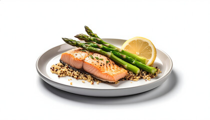 Minimalist clean plate with grilled salmon, asparagus, quinoa, and lemon wedge