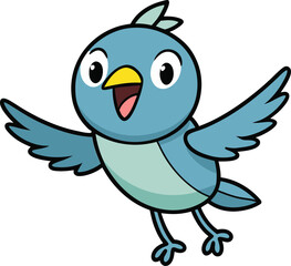 Joyful blue bird kid character in flying motion for flat vector illustration used in childrens education