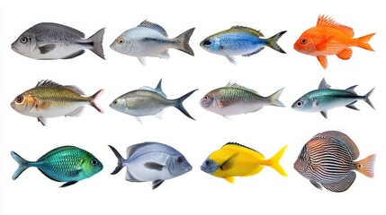 Colorful Tropical Fish Collection - Twelve vibrant tropical fish isolated on a white background, showcasing diverse species and colors. Ideal for marine life, aquarium, or nature themes