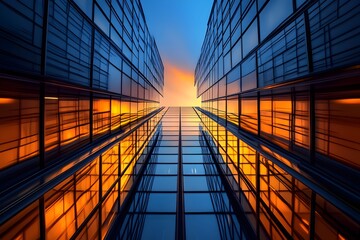 Stunning modern skyscrapers reflect vibrant sunset hues, creating a dramatic urban architectural vista perfect for corporate branding and cityscapes.