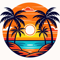 Tropical Sunset Beach Scene: Palm Trees, Ocean, and Sunrise Illustration