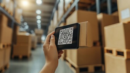 Hand holding tablet with QR code, warehouse background (1)