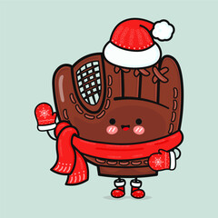 An adorable Baseball Glove dressed in a santa hat and scarf, celebrating the winter holidays.