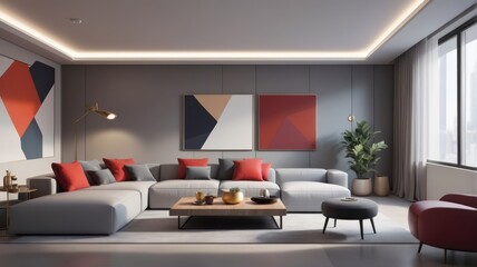 Modern, minimalist living room with gray walls and pops of red