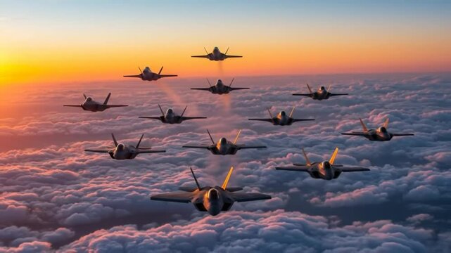 Military jets in formation over clouds at sunset.