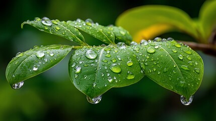 Jewellike raindrops cling to verdant leaves
