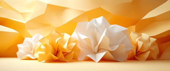 Colorful origami flowers against a textured background.