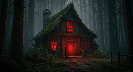 Mysterious wooden house with glowing red windows and door in a dark, overgrown forest. Spooky haunted cottage for Halloween party.