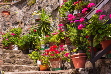 Old stone stairs decorated with flowers
