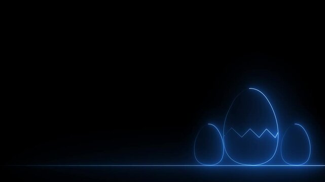 Easter egg background with neon lines running in the dark, neon lines glowing forming eggs. Seamless loop