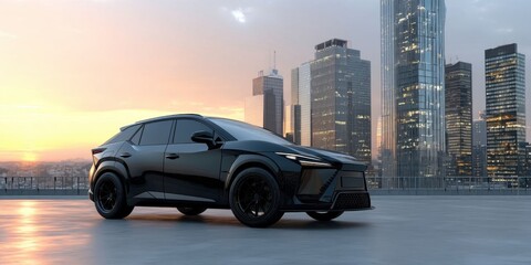 Stylish Black Electric SUV on Rooftop at Sunset with Modern Cityscape