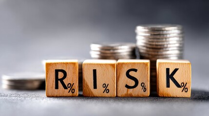Financial Risk Assessment - Wooden blocks spelling RISK sit near stacks of coins, symbolizing financial risk and investment