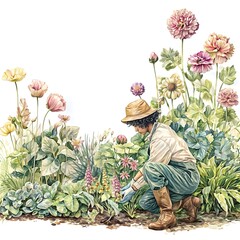 Careful gardener tending to colorful flowers in a vibrant garden during the spring season