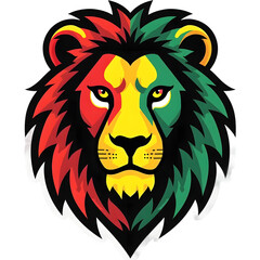 A colorful lion with a black mane and a green and red face