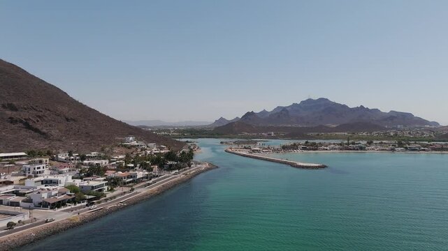Aerial view of the coast of Guaymas, Sonora, at the Las Jaras dock.