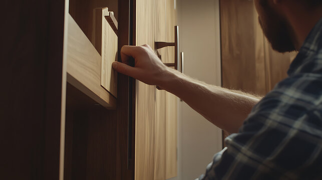Man Inspecting Wooden Cabinet Construction