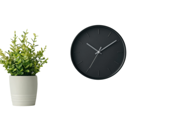 A modern black clock ticking away with a vibrant green potted plant symbolizing growth and on transparent background