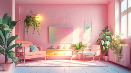 Pastel Pink Living Room with Plants