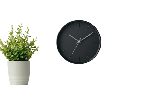 A modern black clock ticking away with a vibrant green potted plant symbolizing growth and on transparent background