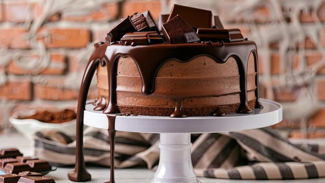 A delicious chocolate cake showcases smooth layers and generous chocolate chunks, perfect for dessert enthusiasts seeking delight