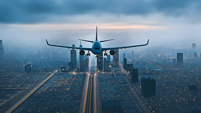 Airplane Landing Over City at Dusk