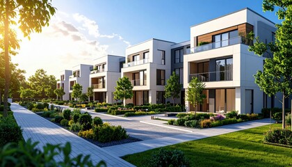 Modern residential buildings with large windows, surrounded by greenery, trees, and landscaped pathways, under a bright, sunny sky.
