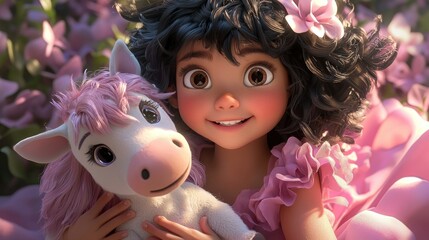 Fototapeta premium A girl with a stuffed horse in a garden