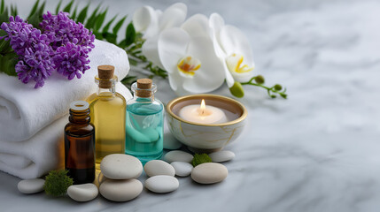 A tranquil setup for aromatherapy oils and massage tools
