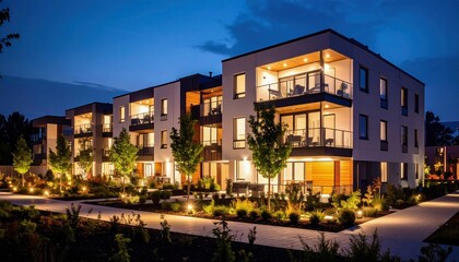 Fototapeta premium Modern apartment buildings illuminated at night, featuring balconies, landscaped gardens, and a peaceful residential atmosphere.